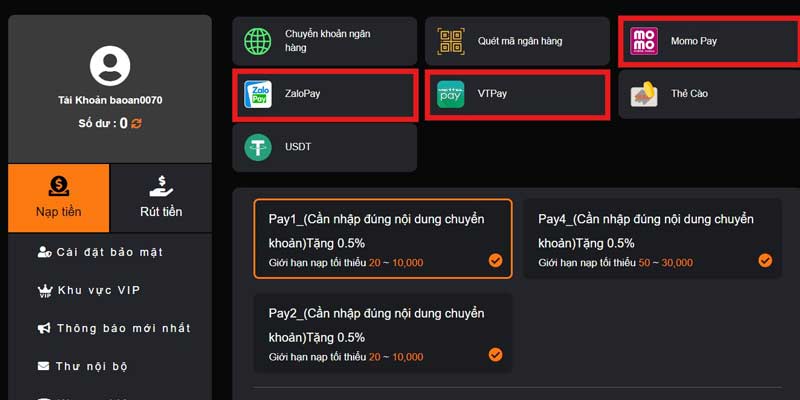 Chuyển tiền nhà cái qua các ví Momo Pay, ZaloPay, VT Pay